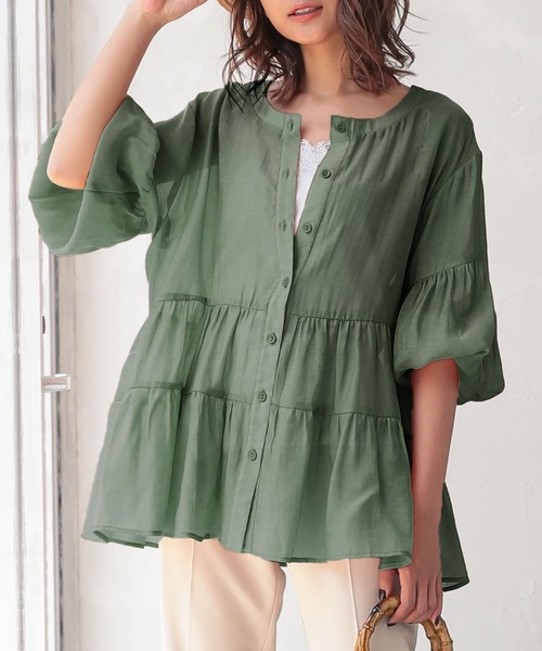 KOBE LETTUCE（コウベレタス）の「バンドカラーシアーティアードブラウス（シャツ/ブラウス・レディース・ホワイト/ベージュ/コーラル/ブルー/グリーン/ブラック・FREE）」の4枚目の写真