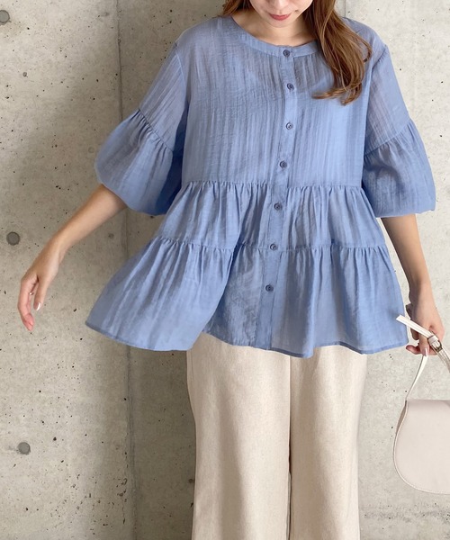 KOBE LETTUCE（コウベレタス）の「バンドカラーシアーティアードブラウス（シャツ/ブラウス・レディース・ホワイト/ベージュ/コーラル/ブルー/グリーン/ブラック・FREE）」の8枚目の写真