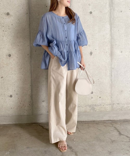 KOBE LETTUCE（コウベレタス）の「バンドカラーシアーティアードブラウス（シャツ/ブラウス・レディース・ホワイト/ベージュ/コーラル/ブルー/グリーン/ブラック・FREE）」の9枚目の写真