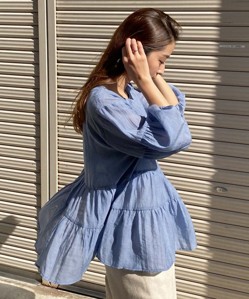 KOBE LETTUCE（コウベレタス）の「バンドカラーシアーティアードブラウス（シャツ/ブラウス・レディース・ホワイト/ベージュ/コーラル/ブルー/グリーン/ブラック・FREE）」の20枚目の写真