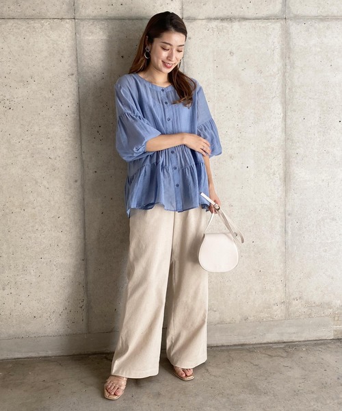 KOBE LETTUCE（コウベレタス）の「バンドカラーシアーティアードブラウス（シャツ/ブラウス・レディース・ホワイト/ベージュ/コーラル/ブルー/グリーン/ブラック・FREE）」の19枚目の写真