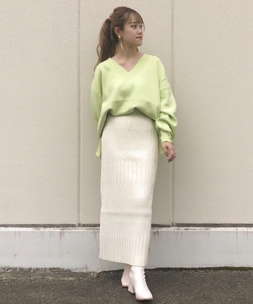 PAGEBOY(ページボーイ)の「ヘンケイリブニットスカート(スカート・レディース・オフホワイト/ブラック/ライム・FREE)」の19枚目の写真
