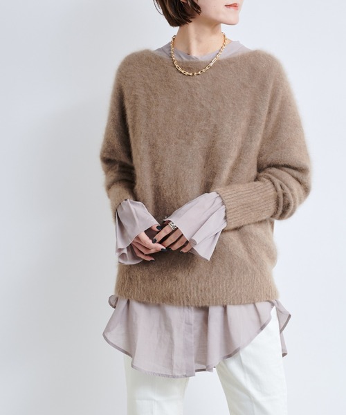 DouDou(ドゥドゥ)の「フェレット切替プルオーバー(ニット/セーター・レディース・オフホワイト/サックスブルー/モカ/グリーン/ライトグレー・FREE)」の1枚目の写真