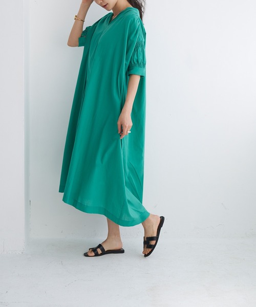 ワンピース ドレス ワンピースギャザー ボリュームスリーブコットンvネックロング丈ワンピース ワンピース Elfrank エルフランク のファッション