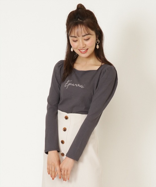 WILLSELECTION(ウィルセレクション)の「ロゴ刺繍パワショルスリーブカットソー(Tシャツ/カットソー・レディース・アイボリー/ホワイト系その他/チャコールグレー・MEDIUM)」の3枚目の写真