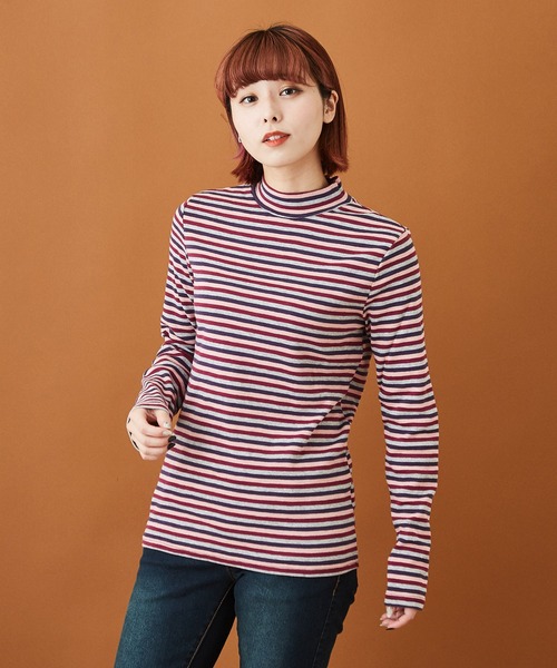 CUBE SUGAR(キューブシュガー)の「ショートスラブフライス ボーダー 長袖 ハイネック(Tシャツ/カットソー・レディース・モカ/ブラック×ホワイト/ホワイト系その他/ブラウン系その他/パープル系その他/グレー×ホワイト・M)」の6枚目の写真