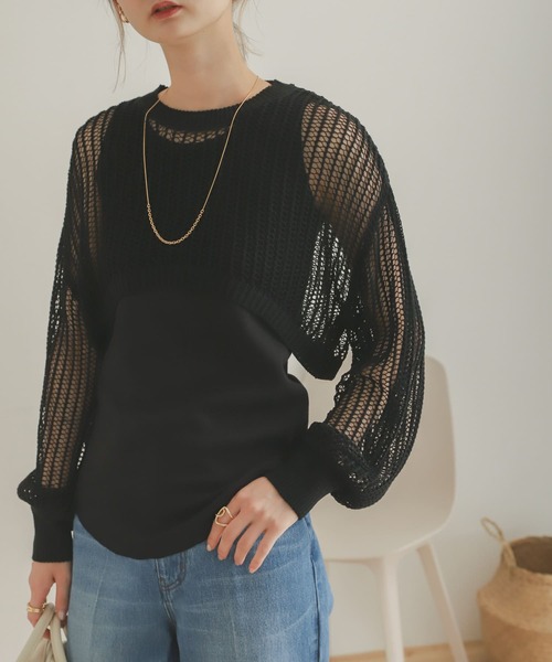 SENSE OF PLACE by URBAN RESEARCH（センスオブプレイスバイアーバンリサーチ）の「ショートメッシュセットプルオーバー（ニット/セーター・レディース・ブラック/ベージュ/アイボリー・ONE）」の3枚目の写真