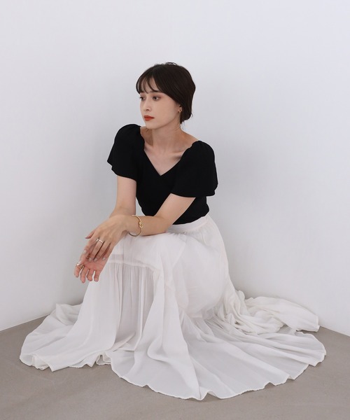 one after another NICE CLAUP(ワンアフターアナザーナイスクラップ)の「袖フレアクロスサマーニット(ニット/セーター・レディース・オフホワイト/ブラック/ベージュ/オレンジ・FREE)」の20枚目の写真