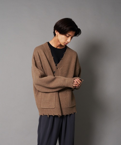 UNIIT（ユニット）の「【UNIIT/ユニット】ダメージニットルーズビッグシルエットカーディガン（カーディガン/ボレロ・メンズ・ダークグリーン/ベージュ/グリーン/杢グレー・SMALL/MEDIUM/LARGE）」の12枚目の写真