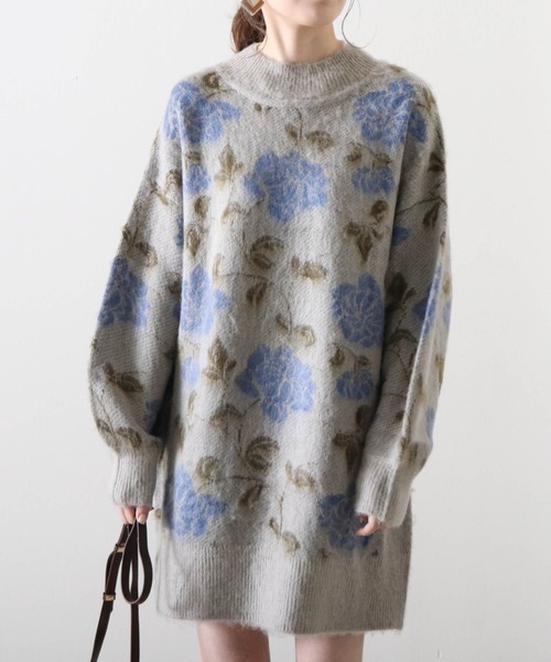 Cheek(チーク)の「花柄ジャガードミニニットワンピース(ワンピース・レディース・ベージュ/チャコールグレー/グレー・MEDIUM)」の2枚目の写真