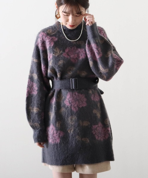 Cheek(チーク)の「花柄ジャガードミニニットワンピース(ワンピース・レディース・ベージュ/チャコールグレー/グレー・MEDIUM)」の1枚目の写真