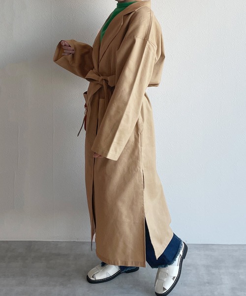 新品おしゃれ★レデイースコットントレンチコートダブルコートベルトグリーンL 洋服の青山ロング丈 ダブルトレンチコート レディース