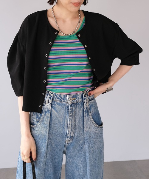 ＡＮＤＪ（アンドジェイ）の「2WAY丸袖ショートカーディガン（カーディガン/ボレロ・レディース・レッド/ブラウン/ブルー/ブラック・M）」の6枚目の写真