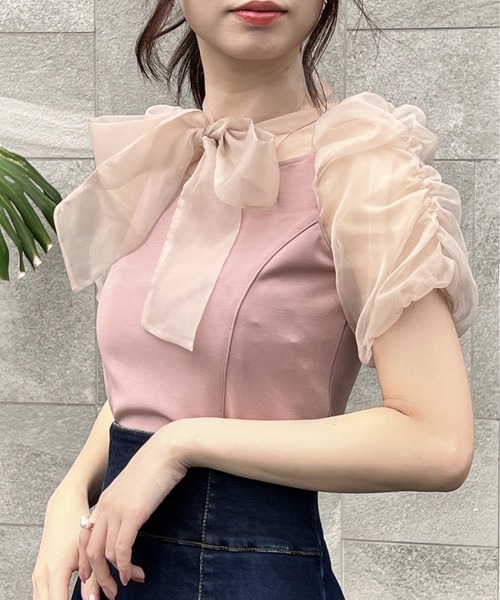 NOMAE（ノーマエ）の「シアーリボンレイヤードトップス（シャツ/ブラウス・レディース・ホワイト/ライトブルー/ブラック/ライトピンク・FREE）」の4枚目の写真