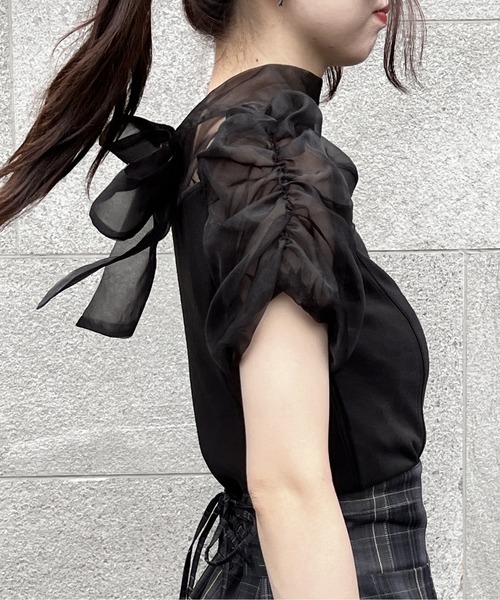 NOMAE（ノーマエ）の「シアーリボンレイヤードトップス（シャツ/ブラウス・レディース・ホワイト/ライトブルー/ブラック/ライトピンク・FREE）」の6枚目の写真