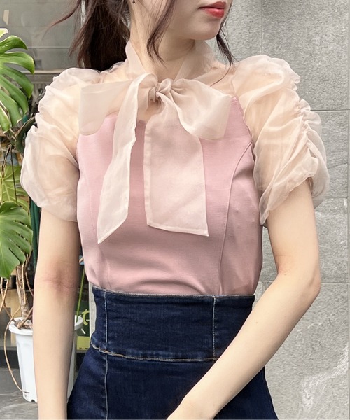 NOMAE（ノーマエ）の「シアーリボンレイヤードトップス（シャツ/ブラウス・レディース・ホワイト/ライトブルー/ブラック/ライトピンク・FREE）」の7枚目の写真