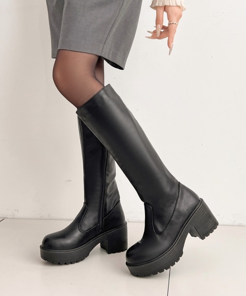 軽量厚底 ヒールアップ プレーン ロングブーツ 2708（ブーツ）｜Shoes