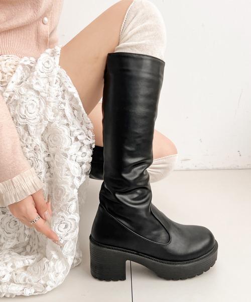セール】軽量厚底 ヒールアップ プレーン ロングブーツ 2708（ブーツ
