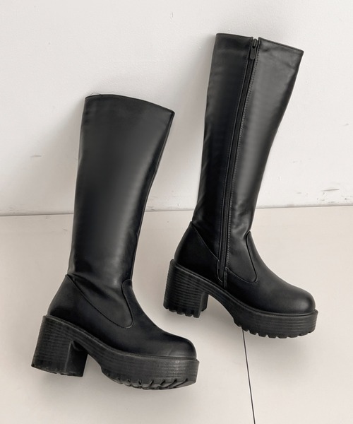 セール】軽量厚底 ヒールアップ プレーン ロングブーツ 2708（ブーツ