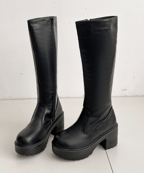 セール】軽量厚底 ヒールアップ プレーン ロングブーツ 2708（ブーツ