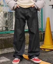 【retock's】ロゴPUレザーパッチ ストレートタックワイドデニムパンツ　【セットアップ対応】