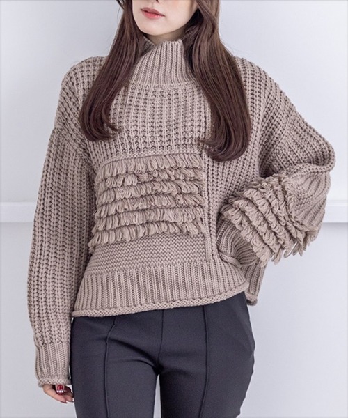 clear(クリア)の「編地切り替えデザインニットトップス(ニット/セーター・レディース・モカ/アイボリー/ブラック・F)」の3枚目の写真