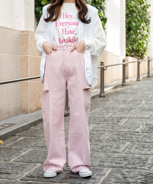 WEGO（ウィゴー）の「WEGO/サイドカットカラーパンツ（スラックス・レディース・ライトピンク/ホワイト・MEDIUM/SMALL/LARGE）」の6枚目の写真