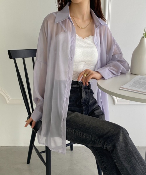 yuue' ( wear )(ユーイ)の「袖ボリューム ドロップショルダー シースルーカラーシャツ(シャツ/ブラウス・レディース・ブラック/オフホワイト/ピンク/ライトグリーン/ホワイト/ライトパープル・SMALL/MEDIUM/LARGE)」の5枚目の写真