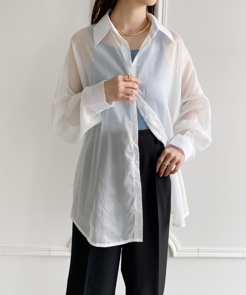 yuue' ( wear )(ユーイ)の「袖ボリューム ドロップショルダー シースルーカラーシャツ(シャツ/ブラウス・レディース・ブラック/オフホワイト/ピンク/ライトグリーン/ホワイト/ライトパープル・SMALL/MEDIUM/LARGE)」の3枚目の写真