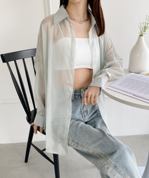 yuue' ( wear )(ユーイ)の「袖ボリューム ドロップショルダー シースルーカラーシャツ(シャツ/ブラウス・レディース・ブラック/オフホワイト/ピンク/ライトグリーン/ホワイト/ライトパープル・SMALL/MEDIUM/LARGE)」の4枚目の写真