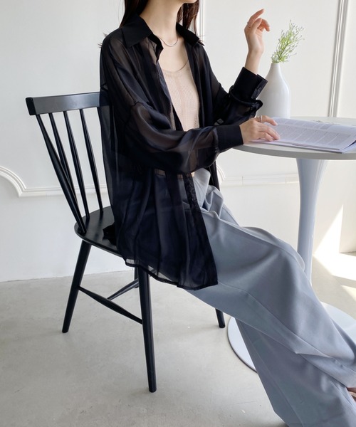yuue' ( wear )(ユーイ)の「袖ボリューム ドロップショルダー シースルーカラーシャツ(シャツ/ブラウス・レディース・ブラック/オフホワイト/ピンク/ライトグリーン/ホワイト/ライトパープル・SMALL/MEDIUM/LARGE)」の7枚目の写真