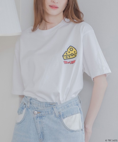売れ筋商品|||トム テイラー デニム Tシャツ レディース トップス Print T-shirt - white 公式】トムとジェリー WHITE DISCUS×TOM&JERRY×BEY 半袖Tシャツ