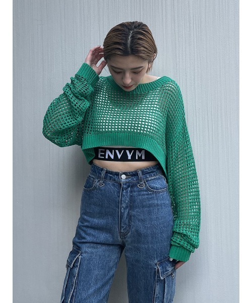 ENVYM(アンビー)の「メッシュショートKNIT(ニット/セーター・レディース・グリーン/オレンジ/アイボリー/ブラック・FREE)」の3枚目の写真