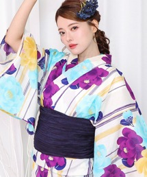 KYOETSU | 1人で簡単着付け 浴衣 レディース 6点セット( 浴衣 + 帯 + 下駄 + 肌着 + 腰紐2枚 ) D(浴衣)