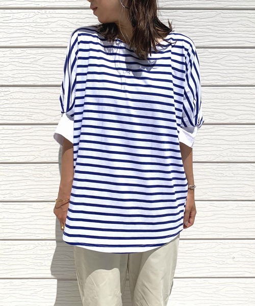 Q（キュー）の「ボーダーオーバーT（Tシャツ/カットソー・レディース・ブルー/ネイビー・MEDIUM）」の3枚目の写真