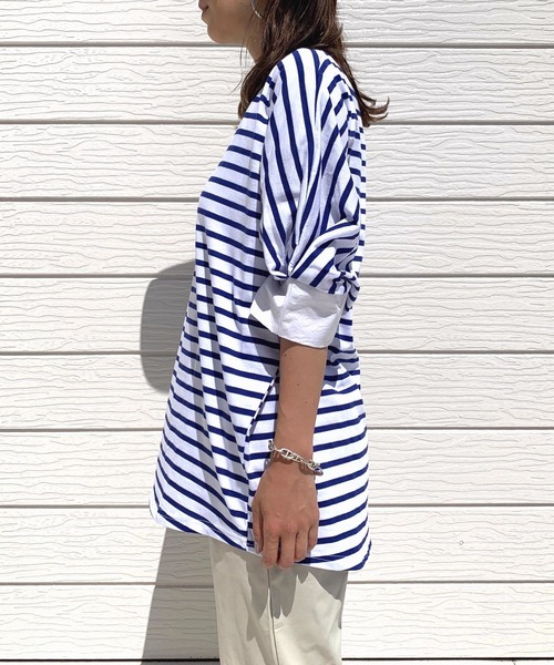 Q（キュー）の「ボーダーオーバーT（Tシャツ/カットソー・レディース・ブルー/ネイビー・MEDIUM）」の4枚目の写真