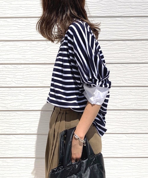 Q（キュー）の「ボーダーオーバーT（Tシャツ/カットソー・レディース・ブルー/ネイビー・MEDIUM）」の6枚目の写真