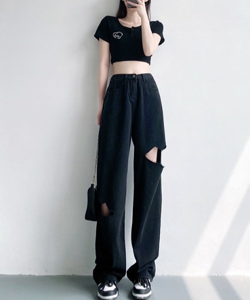 almo(アルモ)の「サイドダメージワイドデニムパンツ(BEY)(デニムパンツ・レディース・ブラック/ブルー・LARGE/MEDIUM/SMALL/X-LARGE)」の3枚目の写真