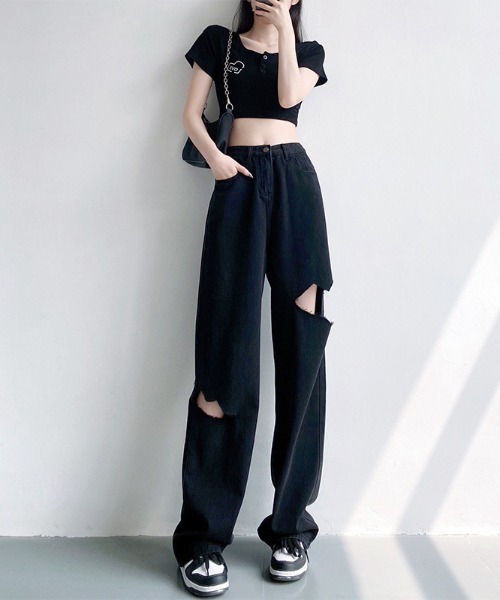 almo(アルモ)の「サイドダメージワイドデニムパンツ(BEY)(デニムパンツ・レディース・ブラック/ブルー・LARGE/MEDIUM/SMALL/X-LARGE)」の9枚目の写真