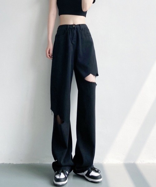 almo(アルモ)の「サイドダメージワイドデニムパンツ(BEY)(デニムパンツ・レディース・ブラック/ブルー・LARGE/MEDIUM/SMALL/X-LARGE)」の10枚目の写真