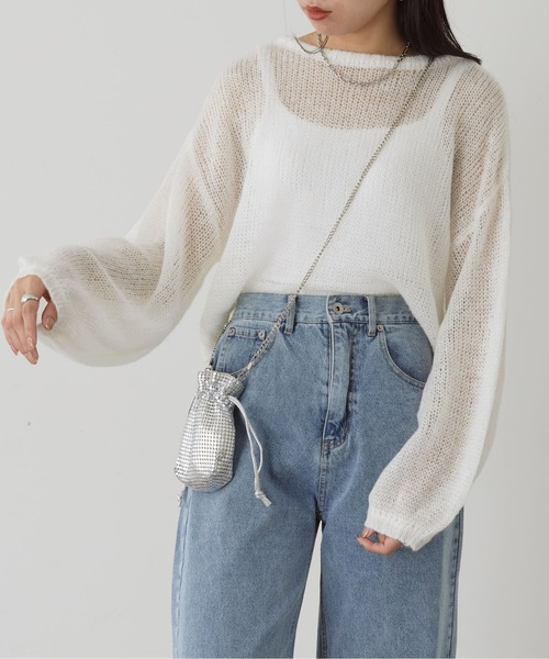 Thevon（ゼボン）の「ショート丈モヘアシアーニット（ニット/セーター・レディース・ブルー/オフホワイト/グレー/モカ・FREE）」の13枚目の写真
