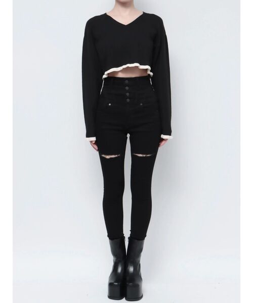 EMODA(エモダ)の「Vネックフリルショートニット(ニット/セーター・レディース・オレンジ/ブルー/ベージュ/ブラック・FREE)」の9枚目の写真