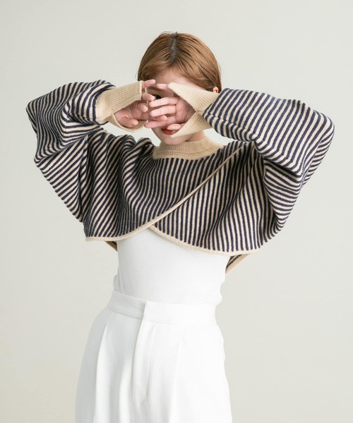 KBF（ケイビーエフ）の「2WAYタックボーダークロップドニット（ニット/セーター・レディース・ブラウン系その他/グリーン系その他/ブルー系その他・ONE）」の3枚目の写真