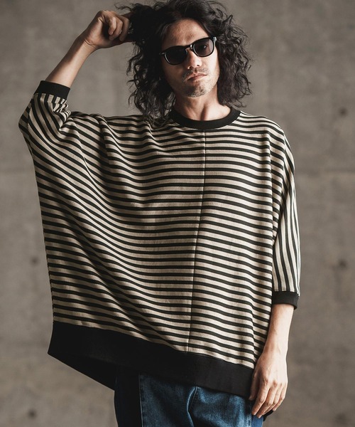 mt8792-RippleknittingborderDolmansleeveT-shirtTシャツ