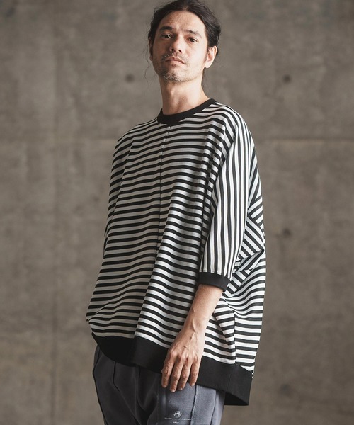 mt8792-RippleknittingborderDolmansleeveT-shirtTシャツ