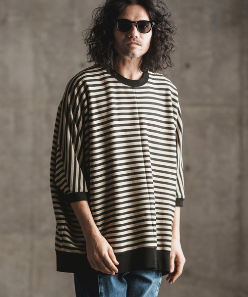 mt8792-RippleknittingborderDolmansleeveT-shirtTシャツ