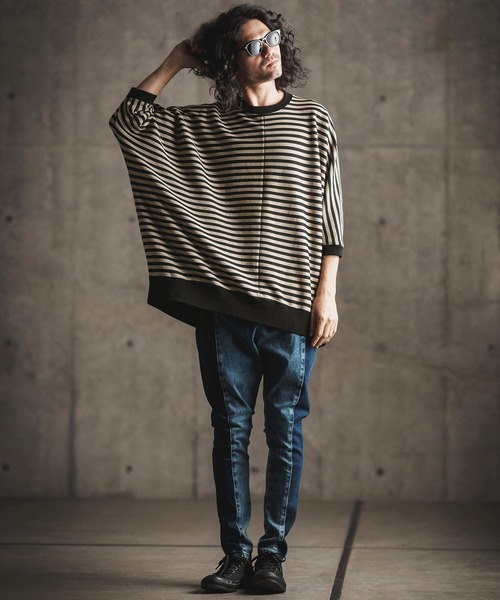 mt8792-RippleknittingborderDolmansleeveT-shirtTシャツ