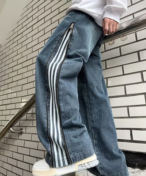 リメイクジッパーデニム再構築ワイドデニムパンツトラックパンツジップパンツ 再構築 リメイクワイドデニム パンツ リメイク サイドジップ