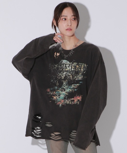 Anui（アニュイ）の「【UNISEX】ダメージロックロンT（Tシャツ/カットソー・レディース・オフホワイト/スミクロ・MEDIUM）」の2枚目の写真