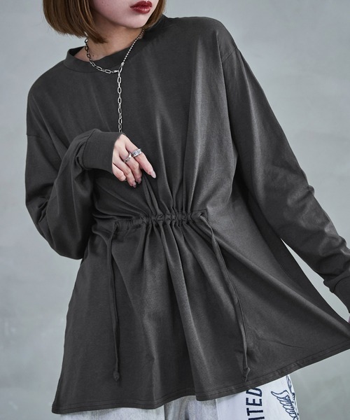 Fashion Letter（ファッションレター）の「【M-5L】ウエストギャザーカットソー 長袖 ロングスリーブ カットソー トップス Tシャツ（Tシャツ/カットソー・レディース・ブラック/チャコールグレー/オフホワイト・M～Ｌ/4L～5L/LL～3L）」の3枚目の写真